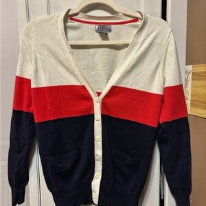 Cashmere Cream, Red, and navy color block cashmere cardigan from JCPenney